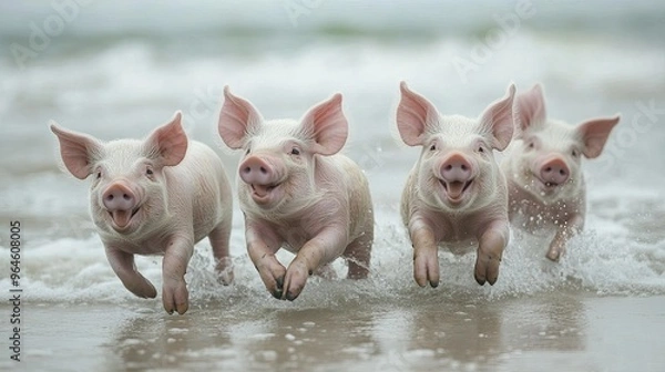 Fototapeta The playful pigs of Pig Beach frolicking in the shallow waters, with the white sandy shore in the background.