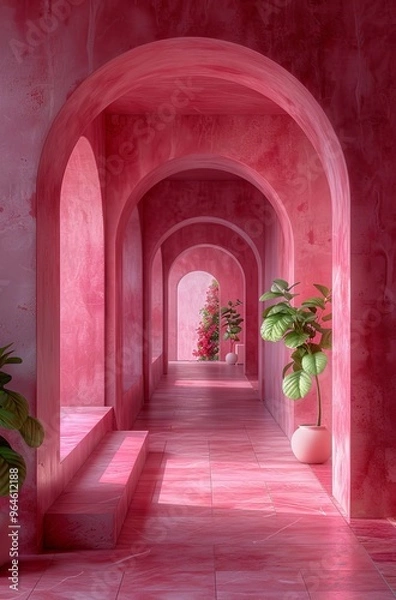 Fototapeta Abstract pink arches in architectural interior with vibrant lighting