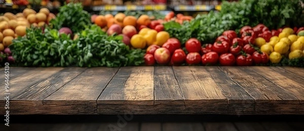 Fototapeta Wooden table in front of a colorful produce aisle, grocery store, blurred background