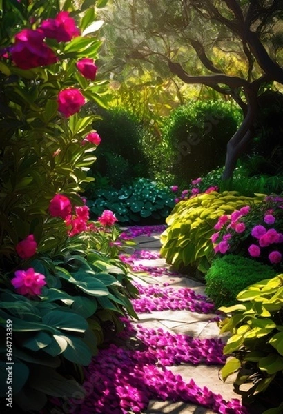 Fototapeta vibrant garden pathways showcasing diverse lush rich textures surrounded colorful blooms lively greenery, arbor, annuals, backyard, botanical, colors