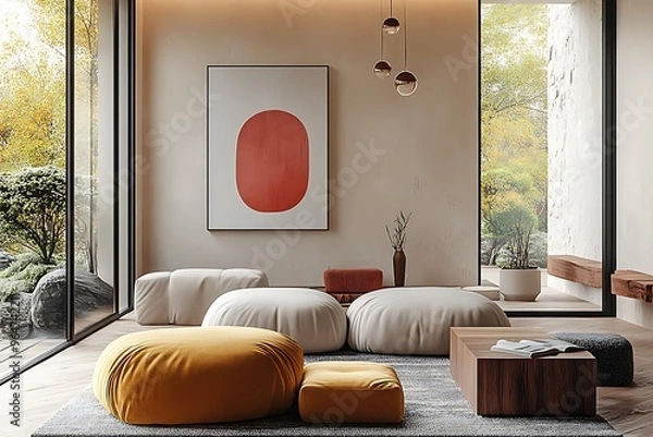 Fototapeta  Japandi, scandinavain interior design of modern living room. 