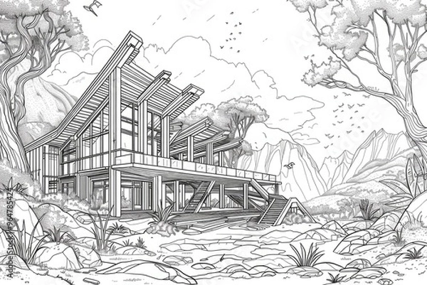 Fototapeta Coloring book illustration of a contemporary wooden architectural masterpiece set in a wild landscape featuring natural elements and a focus on exploration and wildlife observation