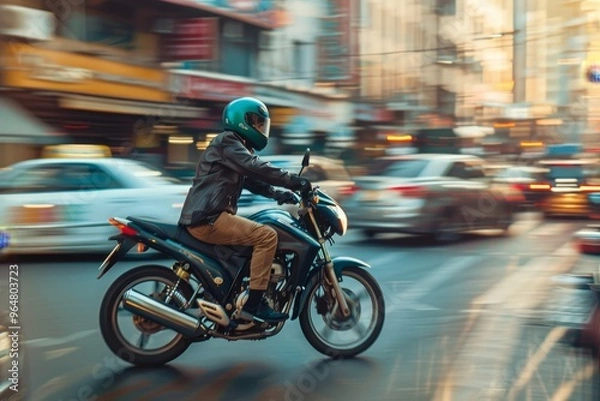 Fototapeta A motorcycle rider skillfully maneuvers through heavy city traffic just before sunset, showcasing urban life and the thrill of the ride amidst bustling streets.