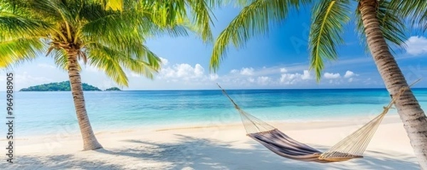 Fototapeta Hammock Suspended Between Palm Trees on a White Sandy Beach