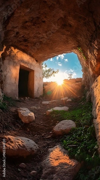 Fototapeta Sunlight Streaming Through an Ancient Stone Cave Entrance