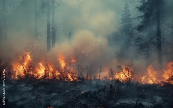 Fototapeta Dense forest ablaze with flames reaching the sky, billowing smok