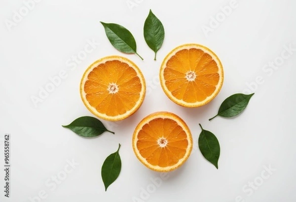 Fototapeta Three whole oranges are arranged in a triangle on a white background, with two halves cut open and two green leaves scattered around, creating a visually appealing and harmonious composition