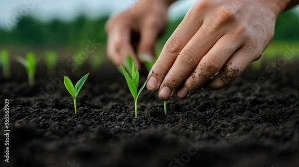 Fototapeta A close-up of hands planting green seedlings in rich soil, showcasing the nurturing process of growth in a vibrant garden.