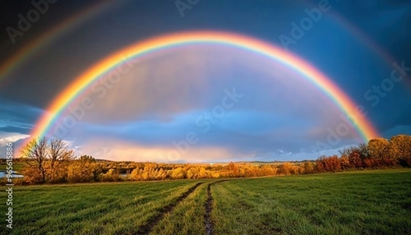 Fototapeta Bright rainbow over a rural landscape after a rainstorm, colorful weather, hope and renewal