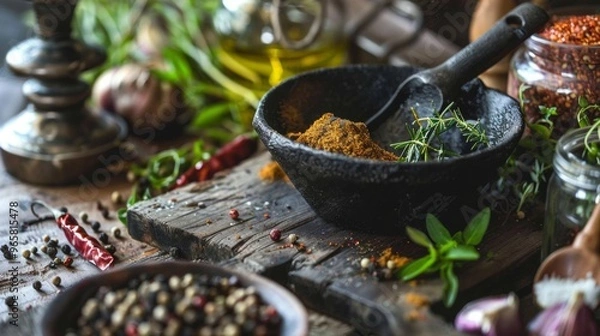 Fototapeta Rustic spices and herbs with chili peppers on wooden board