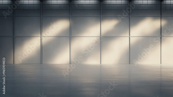 Fototapeta A large, empty room with a wall of glass panels