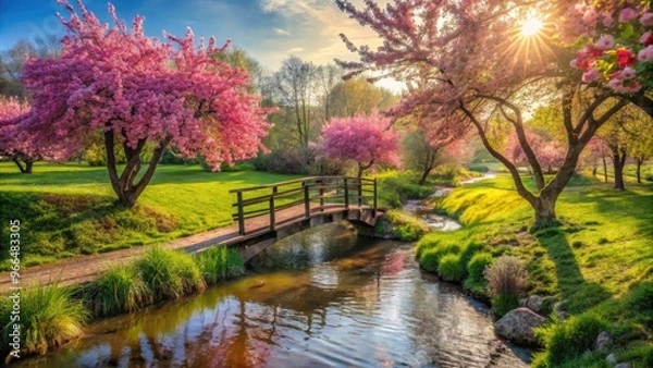 Fototapeta Vibrant pink blossoms and lush greenery adorn tranquil rural landscape with meandering stream, rustic wooden bridge, and warm sunlight casting gentle shadows on serene spring morning.