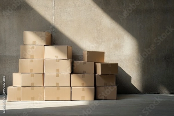 Fototapeta stacked cardboard boxes on a plain isolated, symbolizing logistics and packaging , ai