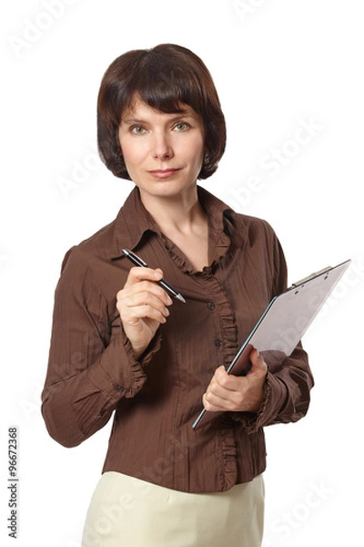 Fototapeta Beautiful business woman with pen and clipboard