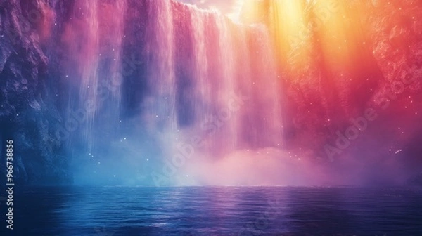 Fototapeta Mystical Waterfall With Glowing Lights and Fog