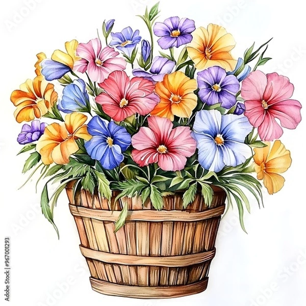 Fototapeta A colorful bouquet of flowers in a wooden basket. The flowers are a mix of purple, yellow, and orange. The basket is placed on a white background