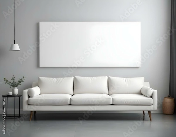 Fototapeta A white sofa with gray cushions in a minimalist living room setting, with a large blank white canvas hanging above the wall.