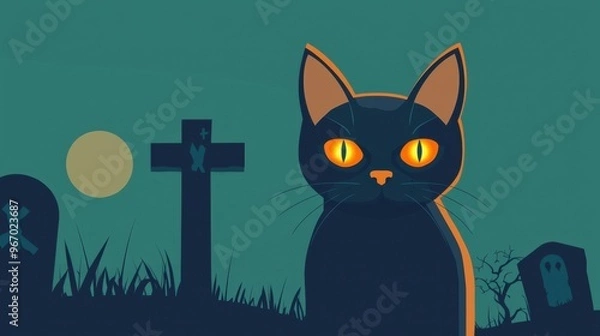 Fototapeta Black Cat Halloween Night Illustration with Graveyard