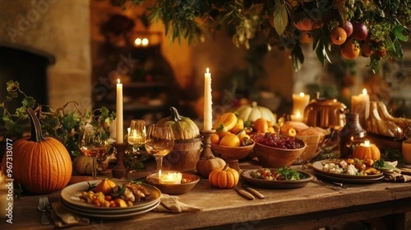 Fototapeta Cozy Autumn Harvest Feast with Pumpkins, Candles, and Rustic Decorations