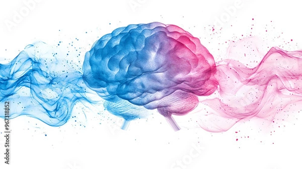 Fototapeta Abstract illustration of a human brain, split into blue and pink, with swirling, flowing colors representing creativity and science.
