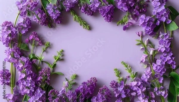 Fototapeta Purple floral frame on pastel background, artistic composition for creative design and inspiration