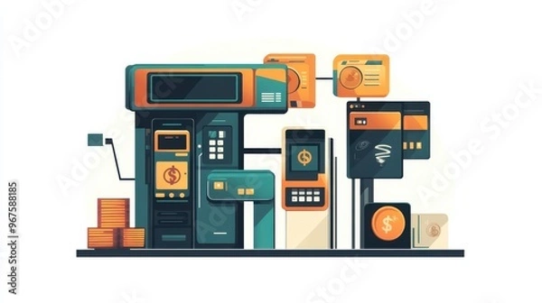 Fototapeta A colorful digital illustration of various bank machines and currency stacks, representing modern finance and technology.