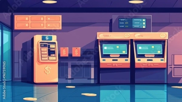 Fototapeta A modern, colorful digital illustration of bank machines in a sleek, stylish interior, showcasing technology and finance.