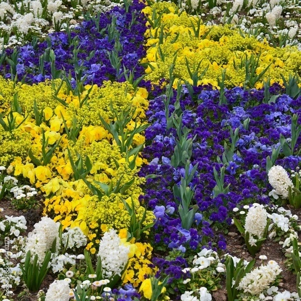 Fototapeta Blumenmuster im Frühlingsgarten - Goldlack - Stiefmütterchen - Hyazinten und Tulpen - blau-gelb-weiß