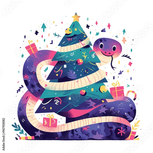 Fototapeta A snake is wrapped around a Christmas tree. The snake is smiling and the tree is decorated with many gifts