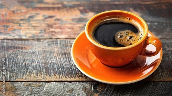 Fototapeta Cup of black coffee on saucer on the table in a cafe, with space for text