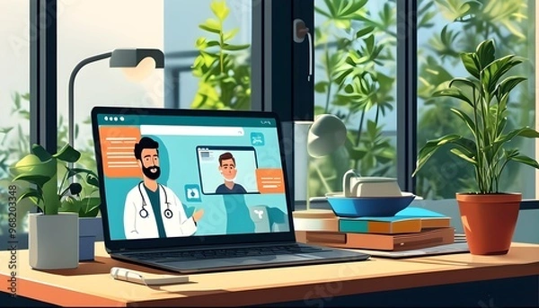 Fototapeta Virtual healthcare consultation through video call between patient and doctor, illustrating the essence of online medicine and telemedicine connectivity.