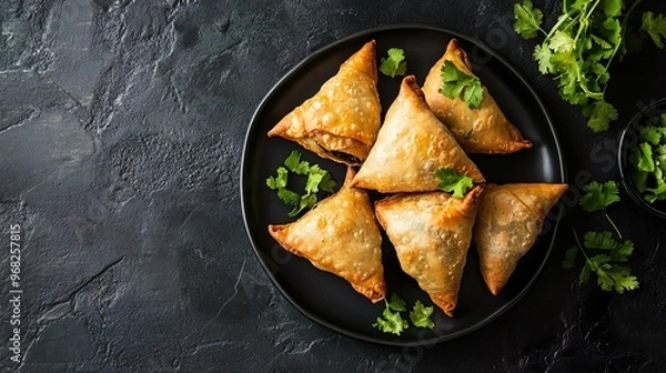 Fototapeta A plate of fried dumplings with parsley on top