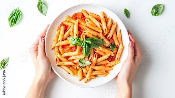 Fototapeta A person is holding a plate of pasta with a lot of sauce and basil