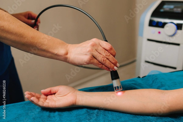 Fototapeta Hand low level laser therapy to promote healing of soft tissues. Infrared treatment of hand to manage pain, numbness and tingling. Doing laser therapy to improve blood flow and immune system.