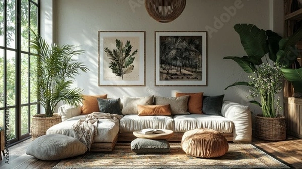 Fototapeta Bohemian Living Room Interior Design with White Sofa  Plants and Natural Light