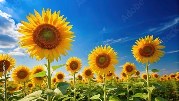 Fototapeta Sunflowers under a clear blue summer sky, sunflower, blue sky, summer, nature, outdoor, bright, yellow, bloom, floral