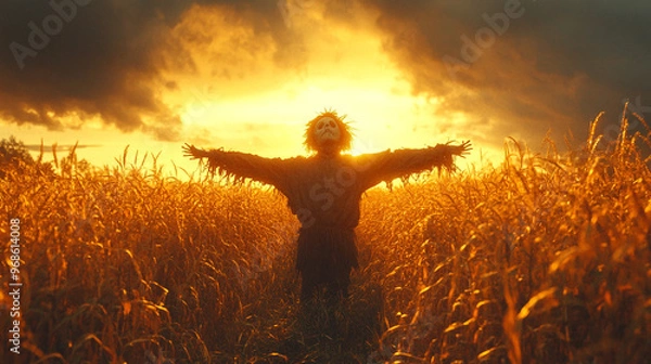 Fototapeta A silhouette of a scarecrow in a golden field, basking in the warm glow of a dramatic sunset.