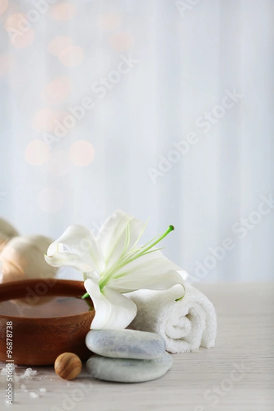 Fototapeta Beautiful composition of spa treatment on wooden table