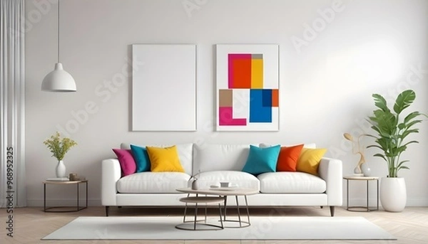 Fototapeta Photo modern style interior room 3d illustration Interior,Kitchen,Washrooms frame living room with colorful white sofa,led with blank frame