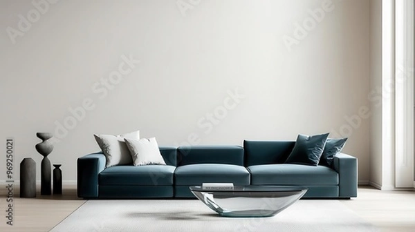 Fototapeta A contemporary living room with a sleek modular sofa, a glass coffee table, and a striking metallic sculpture as the statement, Digital Art, Sleek and modern