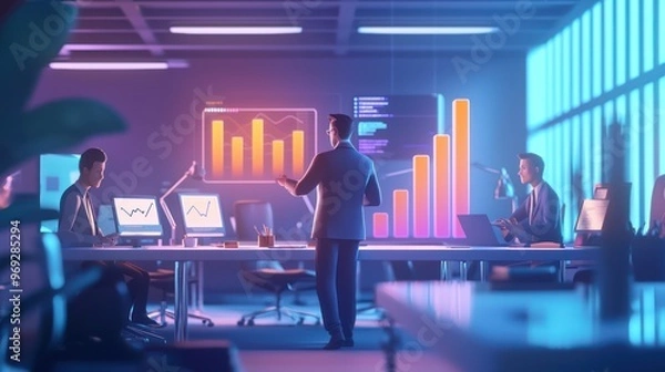 Fototapeta Dynamic Business Leader Managing Team with 3D Bar Graphs in Vibrant Cartoon Office Environment, Generative AI