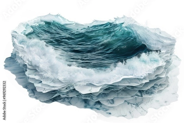 Fototapeta A powerful wave crashes against the ocean shore, with sea spray and foam created by its movement