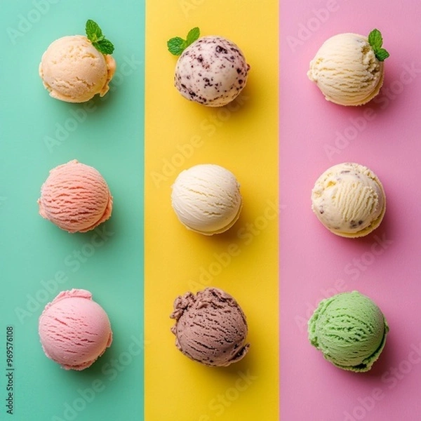 Fototapeta Nine assorted ice cream scoops in a colorful pattern.