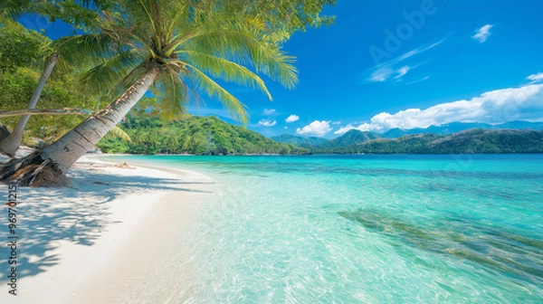 Fototapeta tropical paradise with palm trees white sand