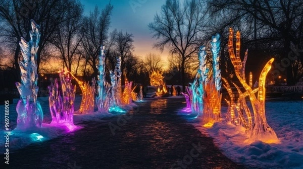 Fototapeta Illuminated Ice Sculptures Line Path Through Snowy Park at Dusk