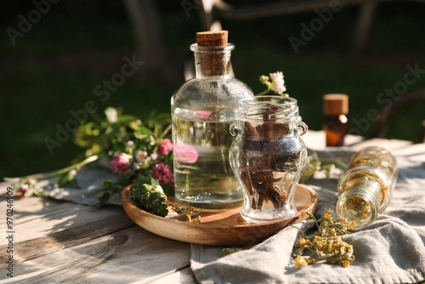 Fototapeta Tincture in bottle, flowers and pine cone on wooden bench outdoors, closeup