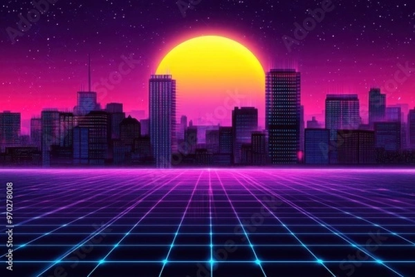 Fototapeta Futuristic Retro Cyberpunk Cityscape at Night with Glowing Windows, Copy Space for Text