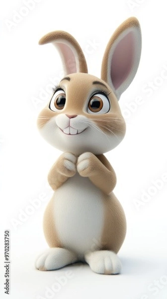 Fototapeta A cute cartoon rabbit standing upright with a cheerful expression.