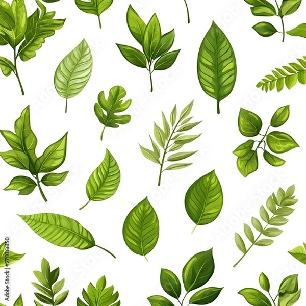 Fototapeta Seamless pattern of vibrant and diverse green leaves on white background with natural and fresh look