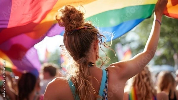 Fototapeta Woman holding a rainbow pride flag, looking up at the sky, with her hair in a bun.